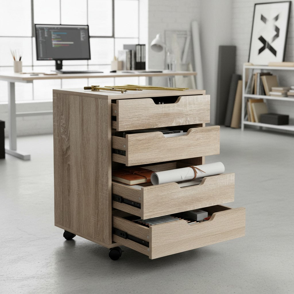 Cloud Office Studio mobile 5-drawer storage cabinet in textured beige with smooth-glide rails in a modern home office.