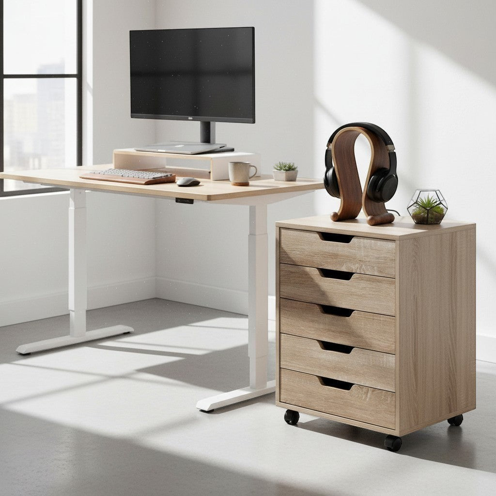Cloud Office Studio mobile 5-drawer storage cabinet in textured beige finish with integrated handles next to a standing desk.