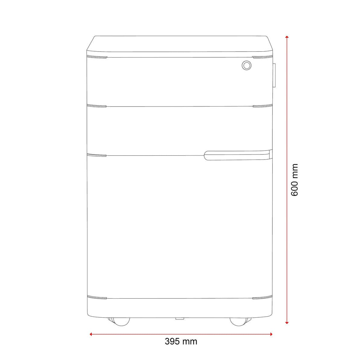 Cloud Office Studio Buro MyWorkSpace 3-drawer mobile pedestal technical line drawing with dimensions.