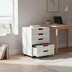 Cloud Office Studio matte white 5-drawer mobile storage cabinet with rolling casters, placed under a wooden desk.