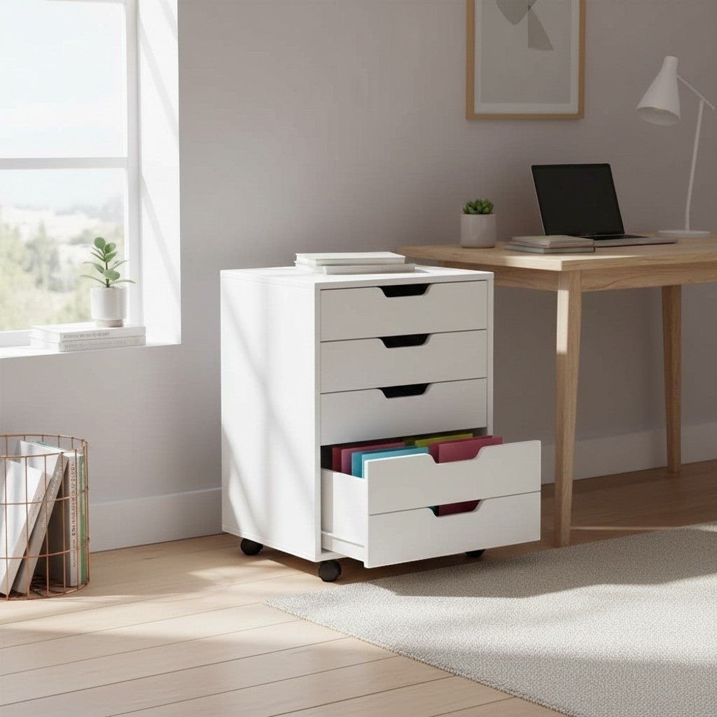 Cloud Office Studio matte white 5-drawer mobile storage cabinet with rolling casters, placed under a wooden desk.