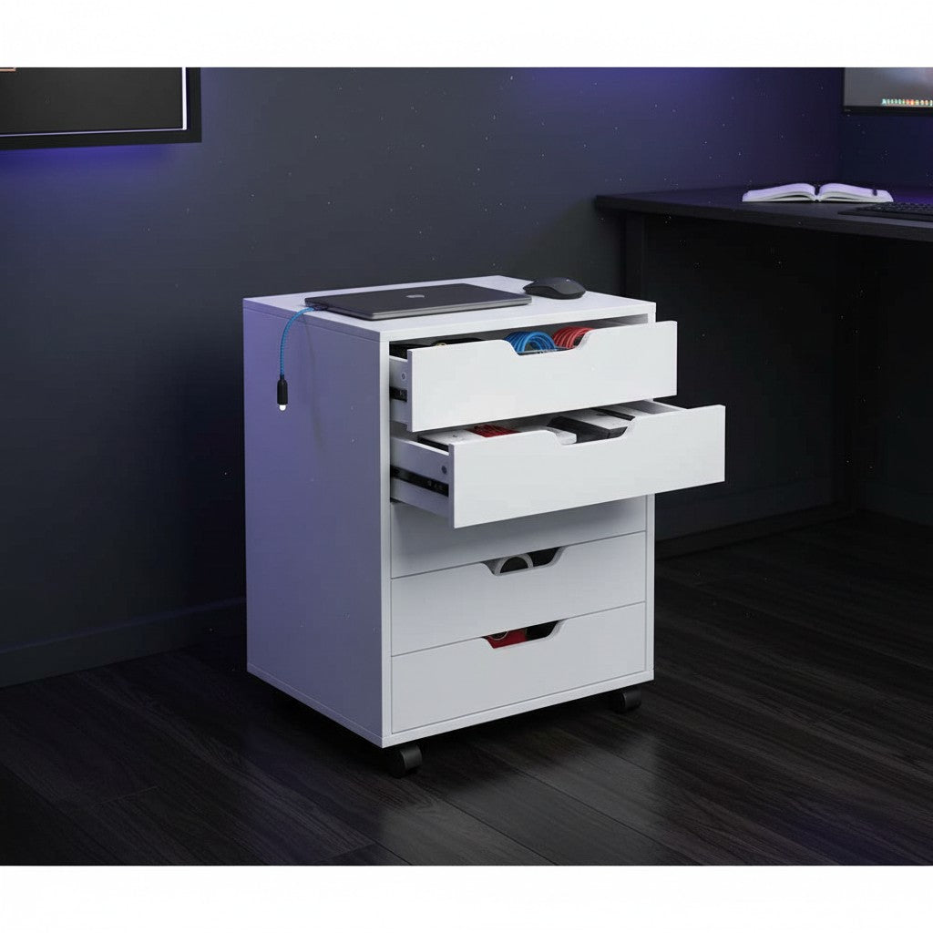Cloud Office Studio matte white 5-drawer mobile storage cabinet with smooth-glide rails and lockable casters.