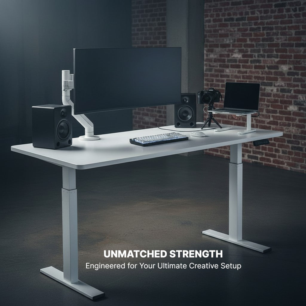 Cloud Office Studio Pro 140cm white standing desk with dual motors, monitor arm, speakers, and laptop.