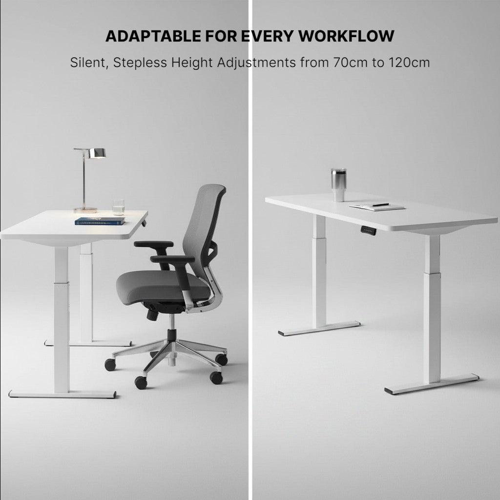 Cloud Office Studio Pro 140cm white standing desk with dual motors and ergonomic grey chair. Modern home office setup.