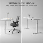 Cloud Office Studio Pro 140cm white standing desk with dual motors and ergonomic grey chair. Modern home office setup.