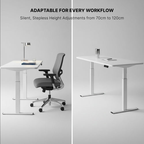 Cloud Office Studio Pro 140cm white standing desk with dual motors and ergonomic grey chair. Modern home office setup.