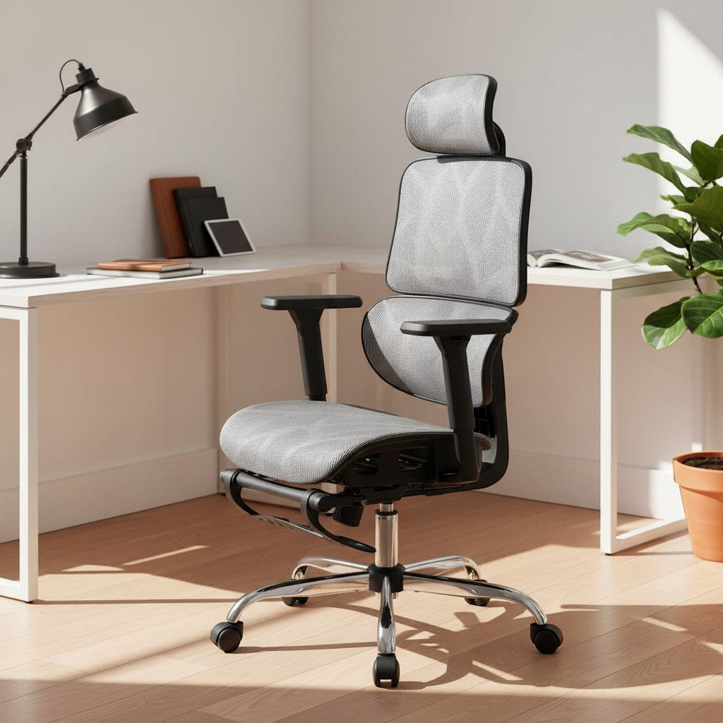 Cloud Office Studio slate grey mesh executive chair with retractable footrest and adjustable headrest in a modern home office.