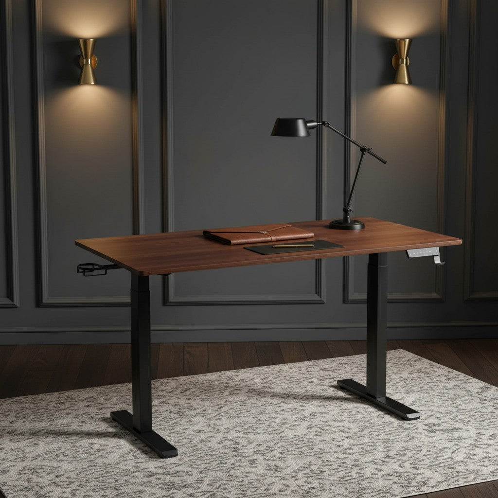 Cloud Office Studio walnut standing desk with black industrial frame, digital control panel, and desk accessories.
