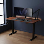 Cloud Office Studio walnut standing desk with black steel frame, dual motors, and integrated cable management.