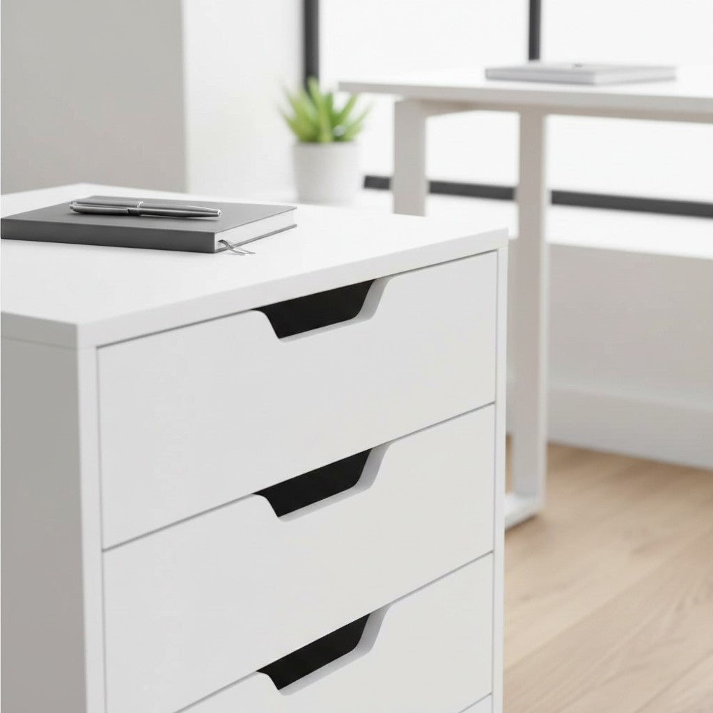 Cloud Office Studio matte white 5-drawer mobile storage cabinet with integrated handles under a standing desk