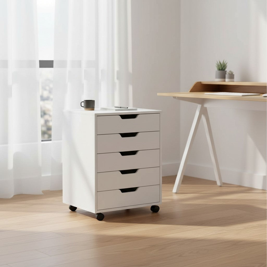 Cloud Office Studio matte white 5-drawer mobile storage cabinet with lockable casters in a minimalist home office.