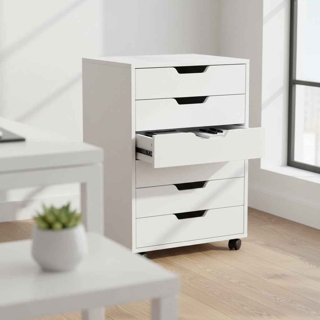 Cloud Office Studio matte white 5-drawer mobile storage cabinet with one drawer open, positioned in a bright home office.