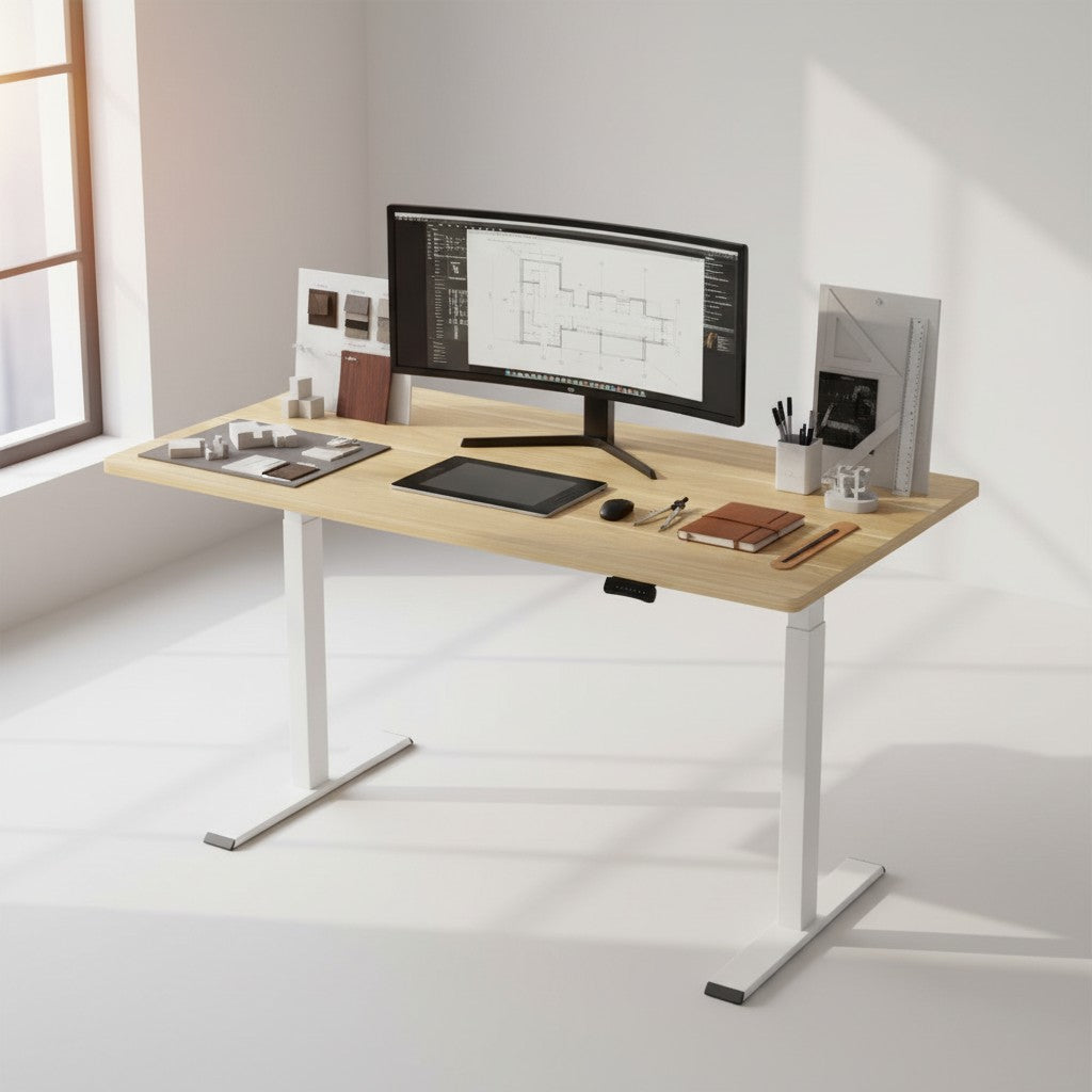 Cloud Office Studio 140cm white oak standing desk with dual-motor frame and digital control panel in a bright office