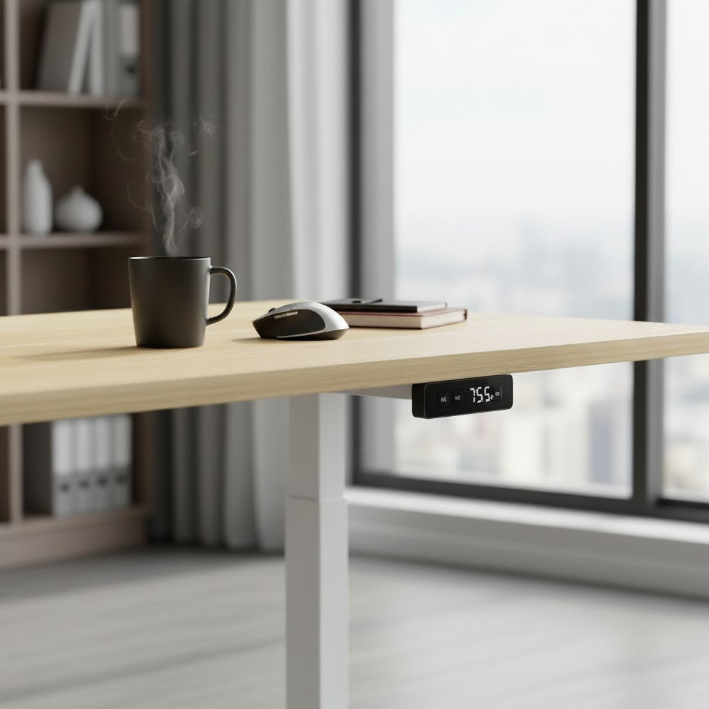 Cloud Office Studio white oak standing desk with digital control panel, coffee mug, and mouse in a home office.