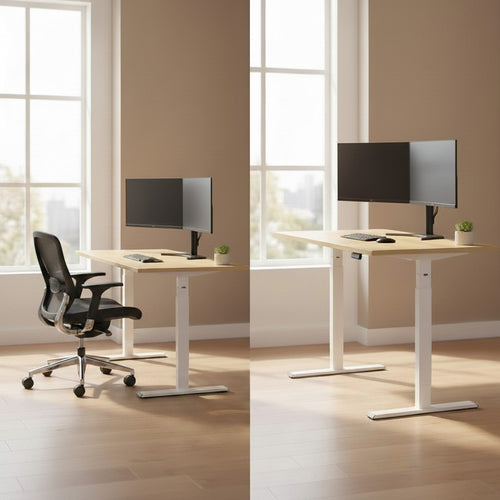Cloud Office Studio 140cm dual-motor standing desk in white oak with a white steel frame, shown seated and standing.