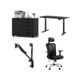 Studio Pro Ultimate Executive Standing Desk and Workspace Bundle in black, including dual-motor standing desk, ergonomic mesh chair, dual monitor arms, and storage cabinet.